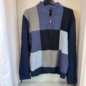 Stylish Men's Grant Thomas Blue / Grey Wool Colorblock Sweater - Size L, 3/4 Zip